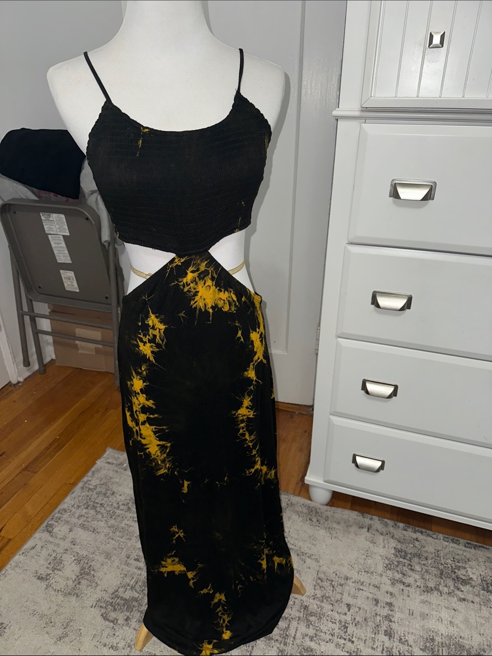 Fashion Nova Black & Yellow Tie-Dye Cutout Maxi Dress